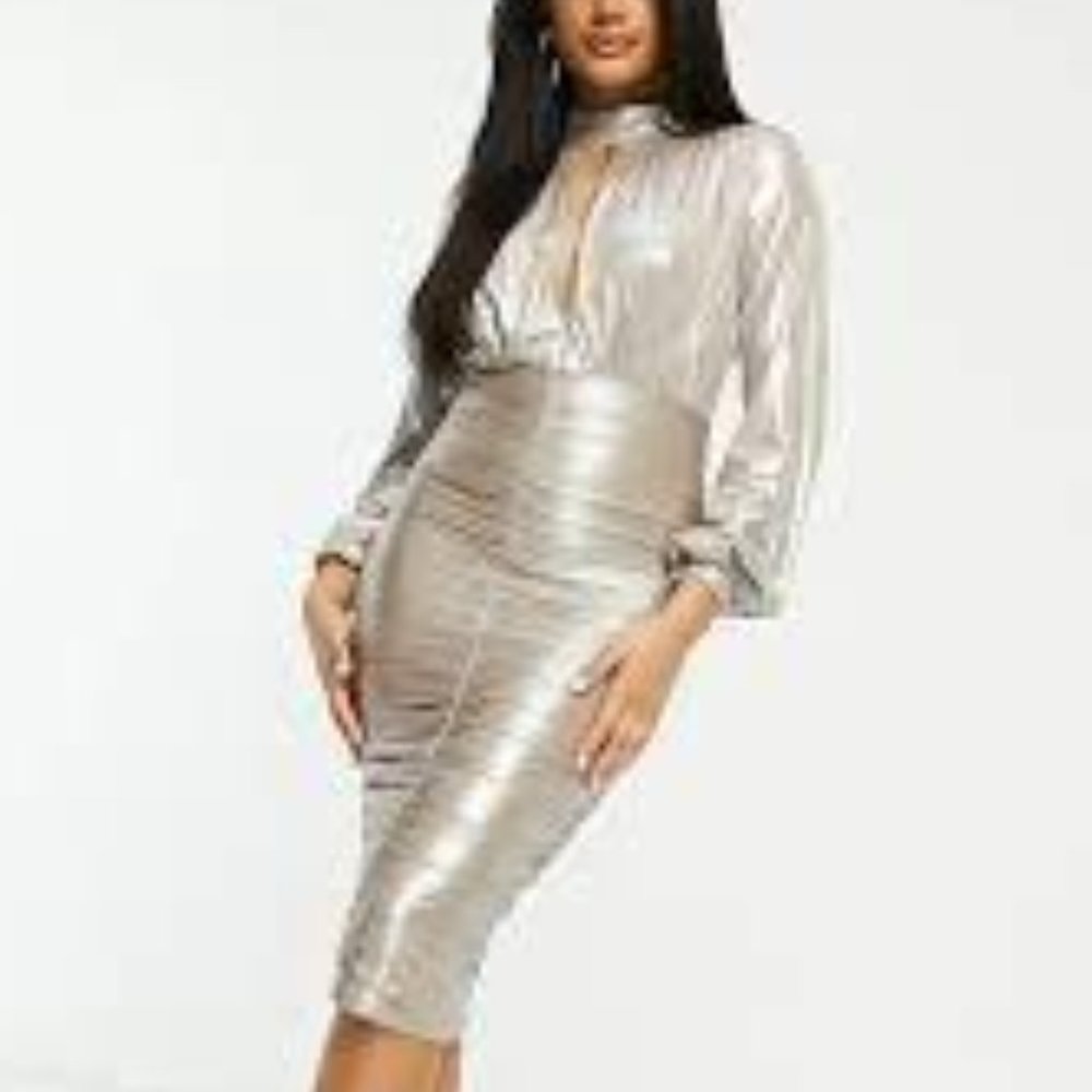 NWT Jaded Rose Metallic Ruche Midi Dress Champagne BodyCon Keyhole *READ*
